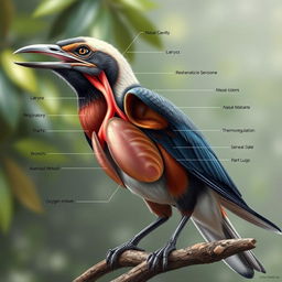 An ultra-realistic illustration of a bird showcasing its respiratory system, including detailed visual representations of its nasal cavity, larynx, trachea, bronchi, lungs, and associated muscles