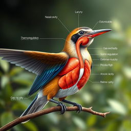 An ultra-realistic illustration of a bird showcasing its respiratory system, including detailed visual representations of its nasal cavity, larynx, trachea, bronchi, lungs, and associated muscles