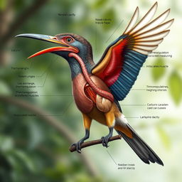 An ultra-realistic illustration of a bird showcasing its respiratory system, including detailed visual representations of its nasal cavity, larynx, trachea, bronchi, lungs, and associated muscles