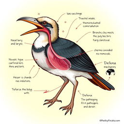 An illustrative and detailed depiction of a bird emphasizing its respiratory system, showcasing key components such as the nasal cavity, larynx, trachea, bronchi, and lungs in an educational style