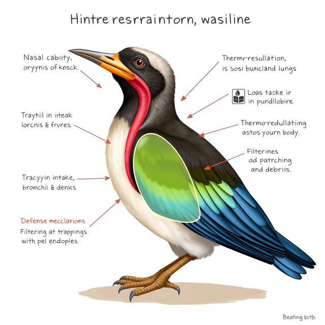 An illustrative and detailed depiction of a bird emphasizing its respiratory system, showcasing key components such as the nasal cavity, larynx, trachea, bronchi, and lungs in an educational style