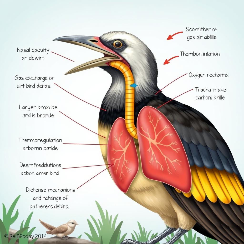 An illustrative and detailed depiction of a bird emphasizing its respiratory system, showcasing key components such as the nasal cavity, larynx, trachea, bronchi, and lungs in an educational style