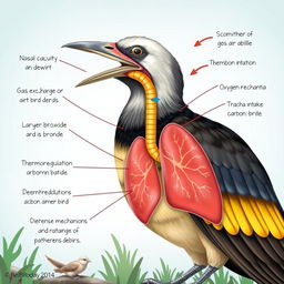 An illustrative and detailed depiction of a bird emphasizing its respiratory system, showcasing key components such as the nasal cavity, larynx, trachea, bronchi, and lungs in an educational style