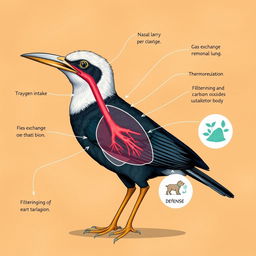 An illustrative and detailed depiction of a bird emphasizing its respiratory system, showcasing key components such as the nasal cavity, larynx, trachea, bronchi, and lungs in an educational style