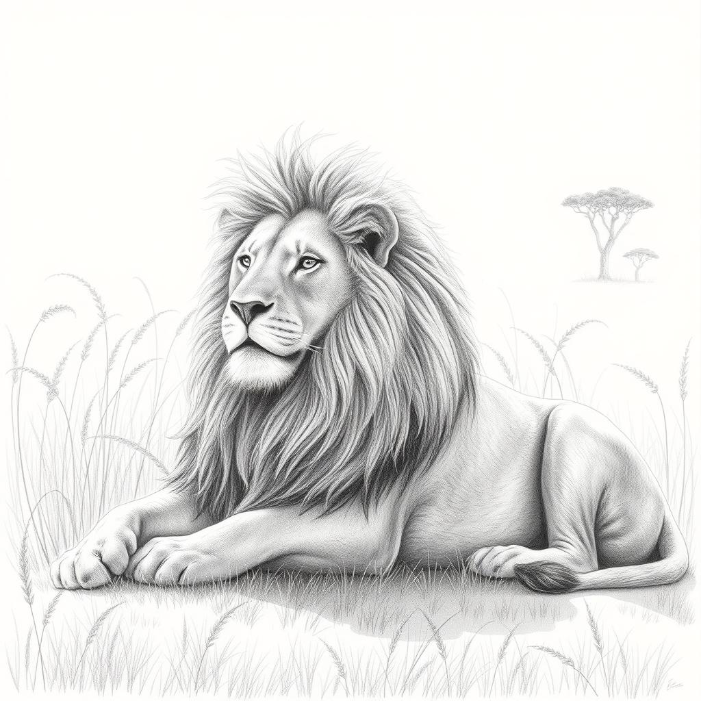 A detailed and realistic pencil drawing featuring a majestic lion resting in a sunlit savannah