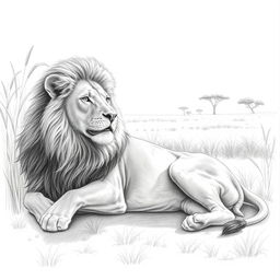 A detailed and realistic pencil drawing featuring a majestic lion resting in a sunlit savannah