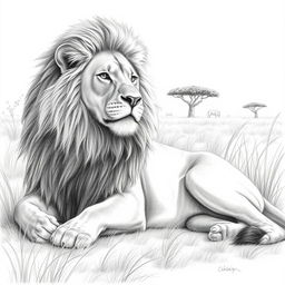 A detailed and realistic pencil drawing featuring a majestic lion resting in a sunlit savannah