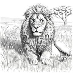 A detailed and realistic pencil drawing featuring a majestic lion resting in a sunlit savannah
