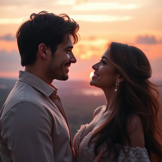 A dreamy romantic gaze between two lovers, capturing a moment of deep emotional connection