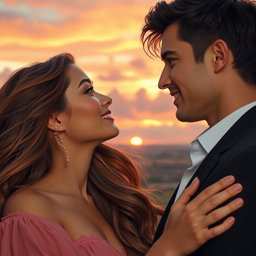 A dreamy romantic gaze between two lovers, capturing a moment of deep emotional connection