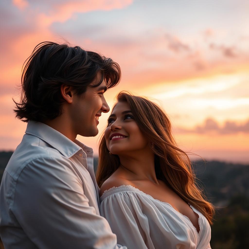 A dreamy romantic gaze between two lovers, capturing a moment of deep emotional connection