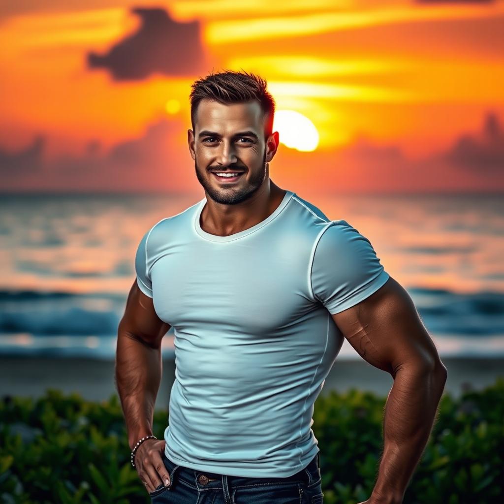 A captivating scene featuring a muscular man standing confidently against a dramatic sunset backdrop, with warm orange and pink hues illuminating the sky