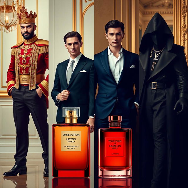 A series of four human representations of luxury perfumes, each person embodying the essence and personality of the respective fragrances