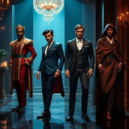 A series of four human representations of luxury perfumes, each person embodying the essence and personality of the respective fragrances