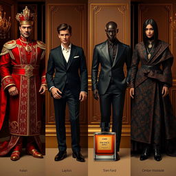 A series of four human representations of luxury perfumes, each person embodying the essence and personality of the respective fragrances