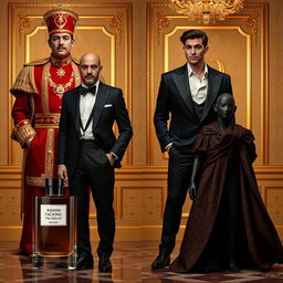 A series of four human representations of luxury perfumes, each person embodying the essence and personality of the respective fragrances