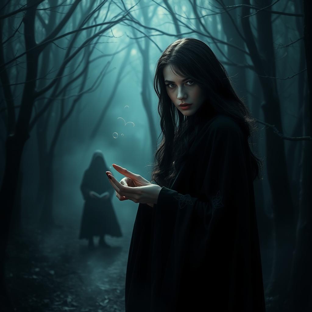A dark-haired witch standing in a mysterious, shadowy forest