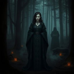 A dark-haired witch standing confidently in a shadowy forest, dressed in intricate, flowing robes adorned with mystical symbols