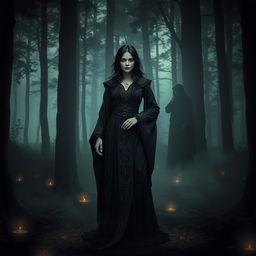 A dark-haired witch standing confidently in a shadowy forest, dressed in intricate, flowing robes adorned with mystical symbols