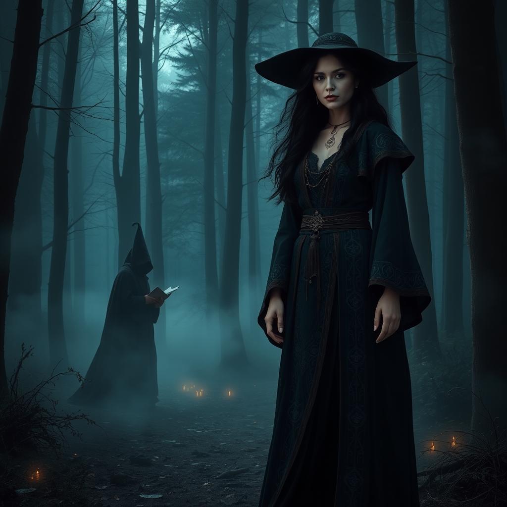 A dark-haired witch standing confidently in a shadowy forest, dressed in intricate, flowing robes adorned with mystical symbols