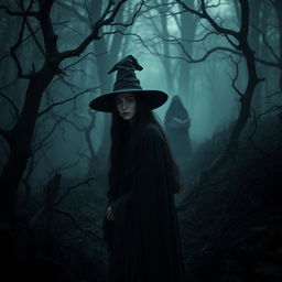 A dark forest scene featuring a witch with long black hair, wearing a classic witch hat and a flowing, tattered robe, surrounded by twisted trees and dense underbrush