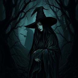 A dark forest scene featuring a witch with long black hair, wearing a classic witch hat and a flowing, tattered robe, surrounded by twisted trees and dense underbrush