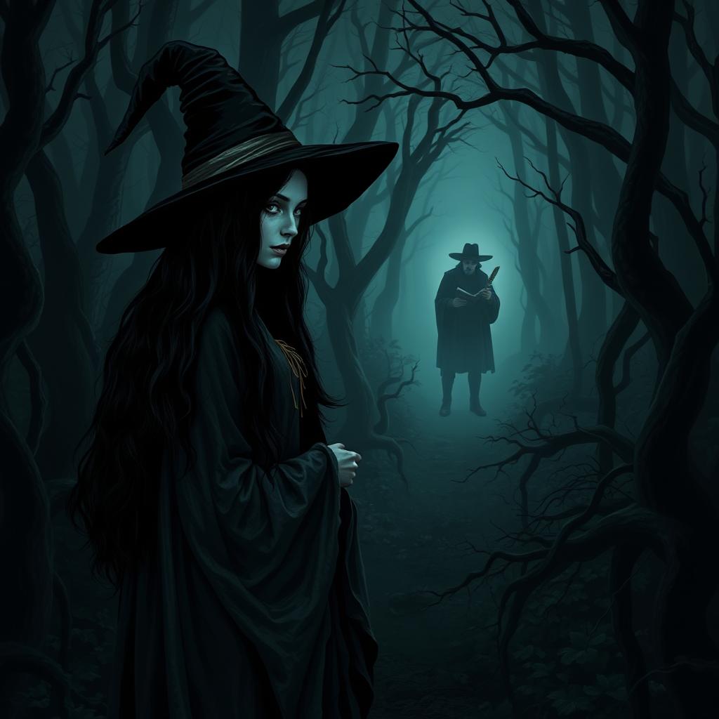 A dark forest scene featuring a witch with long black hair, wearing a classic witch hat and a flowing, tattered robe, surrounded by twisted trees and dense underbrush