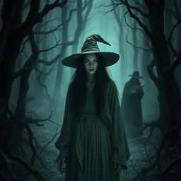 A dark forest scene featuring a witch with long black hair, wearing a classic witch hat and a flowing, tattered robe, surrounded by twisted trees and dense underbrush