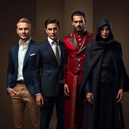 A captivating portrayal of four human representations, each embodying the unique characteristics of their respective luxury perfumes