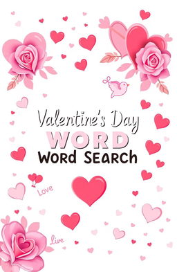 A beautifully designed cover for a Valentine's Day word search book