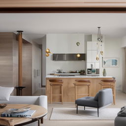 Contemporary open concept living room seamlessly blending into the dining area and kitchen with modern furnishings and decor.