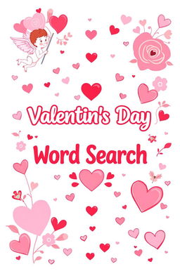 A beautifully designed cover for a Valentine's Day word search book