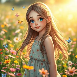 A beautiful girl with long, flowing hair, bright blue eyes, and a radiant smile
