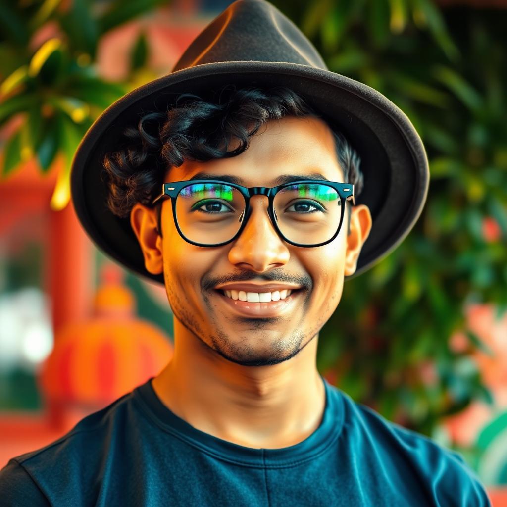 A Bangladeshi man wearing stylish glasses and a fashionable hat, adorned with curly hair peeking out from underneath