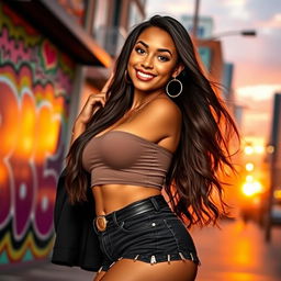 A beautiful girl with long, flowing hair and a stunning smile, featuring a prominent, voluptuous figure