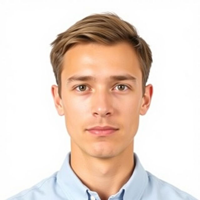 An ID photo featuring a clear and neutral facial expression, with a focus on the subject's face, centered perfectly against a plain white background