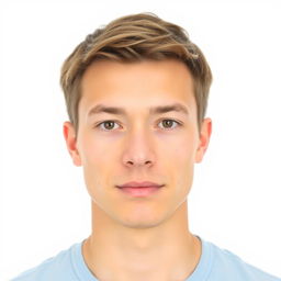 An ID photo featuring a clear and neutral facial expression, with a focus on the subject's face, centered perfectly against a plain white background