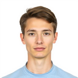 An ID photo featuring a clear and neutral facial expression, with a focus on the subject's face, centered perfectly against a plain white background