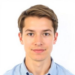 An ID photo featuring a clear and neutral facial expression, with a focus on the subject's face, centered perfectly against a plain white background