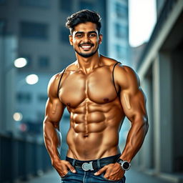 A muscular Bangladeshi man with well-defined abs wearing a stylish, sexy outfit