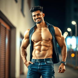 A muscular Bangladeshi man with well-defined abs wearing a stylish, sexy outfit