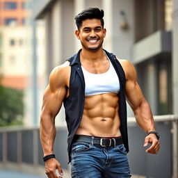 A muscular Bangladeshi man with well-defined abs wearing a stylish, sexy outfit