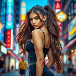 A stunning girl with long, flowing hair and an attractive, confident expression