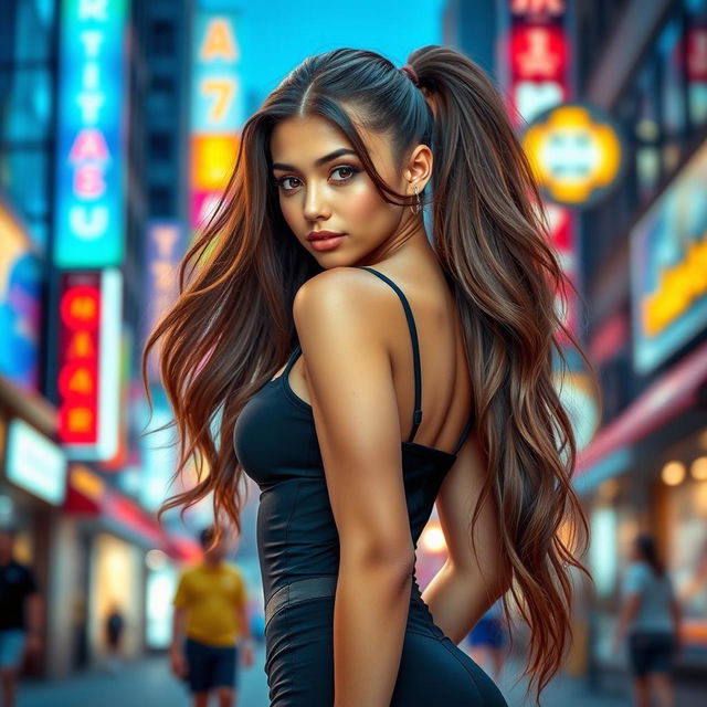 A stunning girl with long, flowing hair and an attractive, confident expression