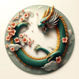 A mesmerizing circle shaped like a Japanese mythological dragon, featuring intricate details like scales, flowing mane, and sharp claws, surrounded by delicate cherry blossoms and swirling cloud patterns