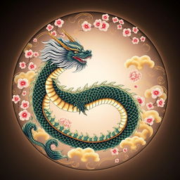 A mesmerizing circle shaped like a Japanese mythological dragon, featuring intricate details like scales, flowing mane, and sharp claws, surrounded by delicate cherry blossoms and swirling cloud patterns