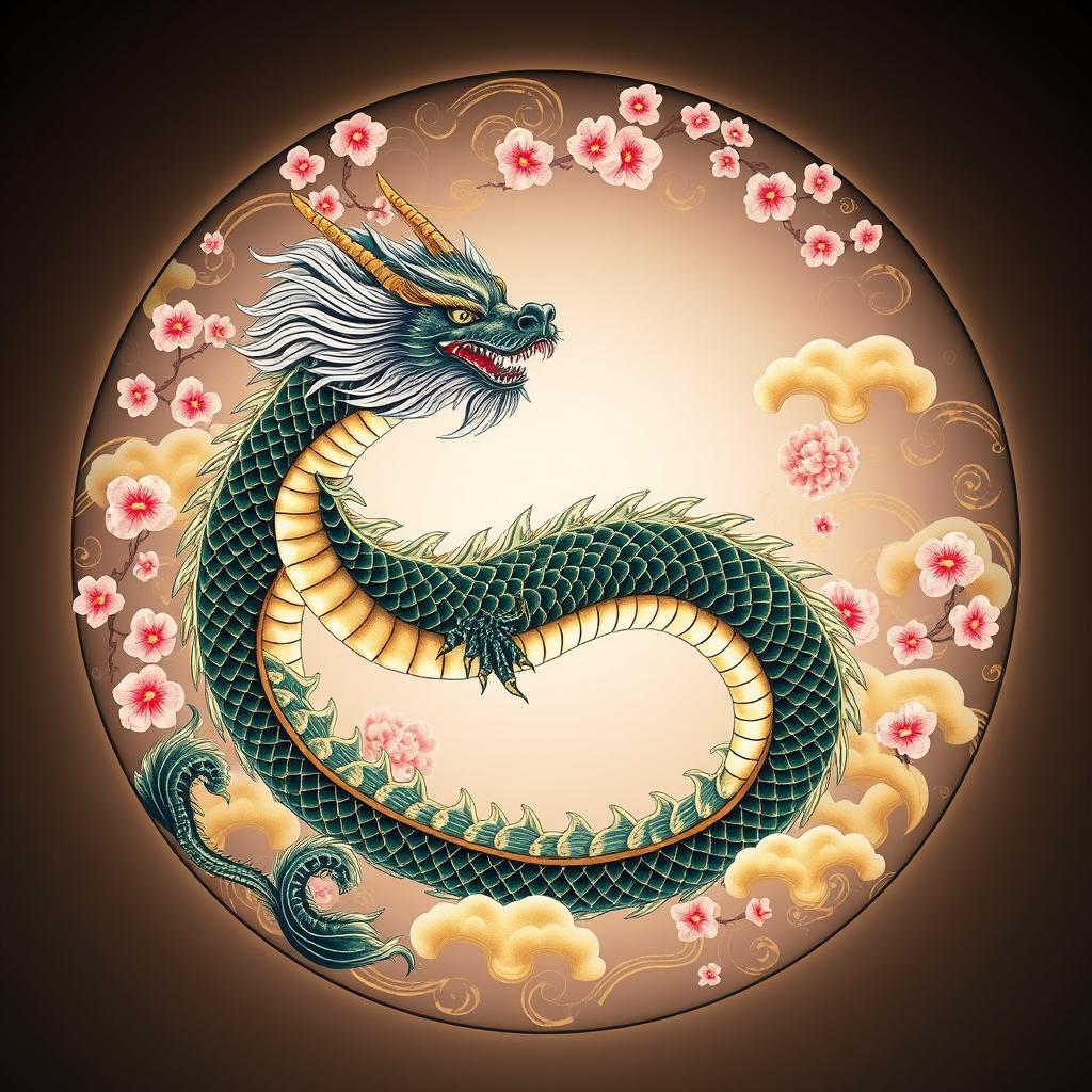 A mesmerizing circle shaped like a Japanese mythological dragon, featuring intricate details like scales, flowing mane, and sharp claws, surrounded by delicate cherry blossoms and swirling cloud patterns