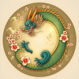 A mesmerizing circle shaped like a Japanese mythological dragon, featuring intricate details like scales, flowing mane, and sharp claws, surrounded by delicate cherry blossoms and swirling cloud patterns