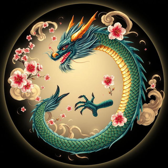 A mesmerizing circle shaped like a Japanese mythological dragon, featuring intricate details like scales, flowing mane, and sharp claws, surrounded by delicate cherry blossoms and swirling cloud patterns