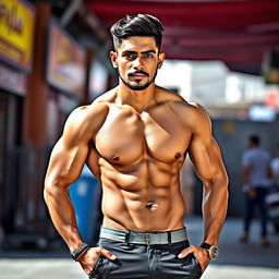 A muscular Bangladeshi man with well-defined abs and a confident pose